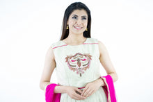 Load image into Gallery viewer, Cream & Pink Color Semi Banaras Silk Lehenga Set