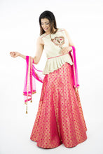 Load image into Gallery viewer, Cream & Pink Color Semi Banaras Silk Lehenga Set