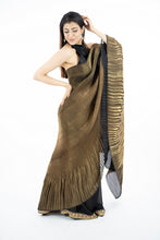 Load image into Gallery viewer, Metallic Gold Crushed Satin Georgette Designer Frill Saree