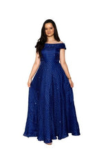 Load image into Gallery viewer, Blue Mirror Work With Gold Embroidered Off Shoulder Maxi Dress