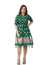 Load image into Gallery viewer, Bottle Green Pure Banarasi Silk Dress
