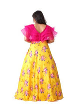 Load image into Gallery viewer, Fuschia Pink Orange Frill blouse With Yellow Floral Lehenga