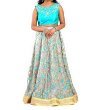 Load image into Gallery viewer, Satin Layered Light Blue & Gold Lehenga