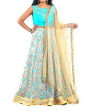 Load image into Gallery viewer, Satin Layered Light Blue & Gold Lehenga