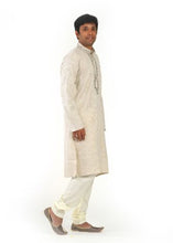 Load image into Gallery viewer, Light Gray Kurta with White Stripes and Cream Churidar Pajama