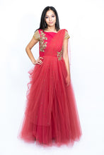 Load image into Gallery viewer, Dark Peach Drape Style Net Long Frock