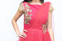 Load image into Gallery viewer, Dark Peach Drape Style Net Long Frock