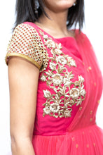 Load image into Gallery viewer, Dark Peach Drape Style Net Long Frock