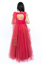 Load image into Gallery viewer, Dark Peach Drape Style Net Long Frock