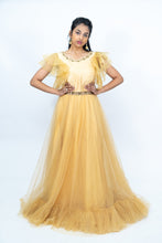 Load image into Gallery viewer, Beige Color Organza gown With Ruffle Sleeves