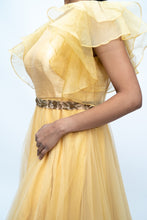 Load image into Gallery viewer, Beige Color Organza gown With Ruffle Sleeves