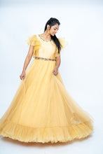 Load image into Gallery viewer, Beige Color Organza gown With Ruffle Sleeves