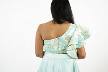 Load image into Gallery viewer, Blue Tafeta Silk Skirt With Metallic Print Floral Croptop Blouse Set