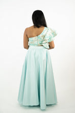 Load image into Gallery viewer, Blue Tafeta Silk Skirt With Metallic Print Floral Croptop Blouse Set