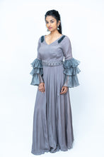 Load image into Gallery viewer, Gray Shimmer Satin Long gown With Long Ruffle Sleeves
