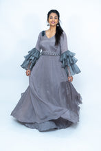 Load image into Gallery viewer, Gray Shimmer Satin Long gown With Long Ruffle Sleeves