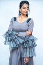 Load image into Gallery viewer, Gray Shimmer Satin Long gown With Long Ruffle Sleeves