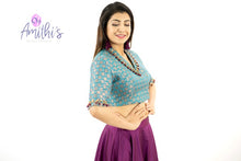 Load image into Gallery viewer, Blue Brocade Collar Emerald Work Blouse By Monk