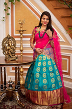 Load image into Gallery viewer, Blue & Pink Pure Kanchi Silk Traditional Lehenga Set With Heavy Work Blouse