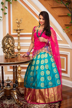 Load image into Gallery viewer, Blue & Pink Pure Kanchi Silk Traditional Lehenga Set With Heavy Work Blouse