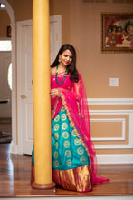 Load image into Gallery viewer, Blue & Pink Pure Kanchi Silk Traditional Lehenga Set With Heavy Work Blouse