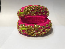 Load image into Gallery viewer, Pink Peacocks Design Zardosi Work Broad Raw Silk Bangles