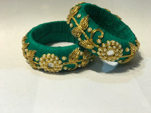 Load image into Gallery viewer, Green Zardosi Work Broad Raw Silk Bangles