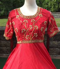 Load image into Gallery viewer, Red Color Pure Silk Pearl & Kundan Work Long Dress