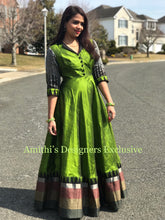 Load image into Gallery viewer, Bottle Green & Black Pure Raw Silk Traditional Long Dress