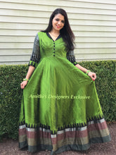 Load image into Gallery viewer, Bottle Green & Black Pure Raw Silk Traditional Long Dress