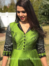 Load image into Gallery viewer, Bottle Green & Black Pure Raw Silk Traditional Long Dress