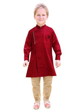 Load image into Gallery viewer, Stylish Red Asymmetrical Kurta with Golden Chooridar Pyjama