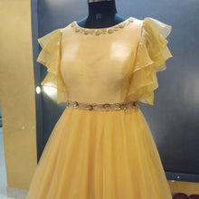 Load image into Gallery viewer, Beige Color Organza gown With Ruffle Sleeves