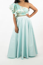 Load image into Gallery viewer, Blue Tafeta Silk Skirt With Metallic Print Floral Croptop Blouse Set