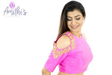 Load image into Gallery viewer, Bright Pink Cold Shoulder Zardozi work Blouse