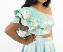 Load image into Gallery viewer, Blue Tafeta Silk Skirt With Metallic Print Floral Croptop Blouse Set