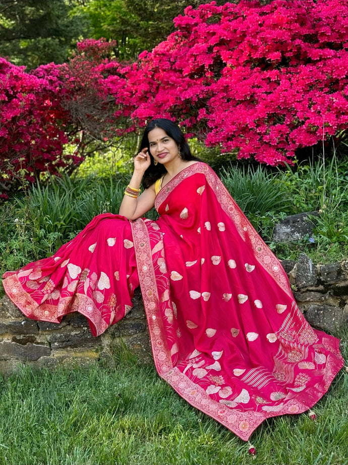 Dark pink chinnon Silk Saree with embroidery work
