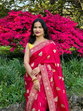 Load image into Gallery viewer, Dark pink chinnon Silk Saree with embroidery work
