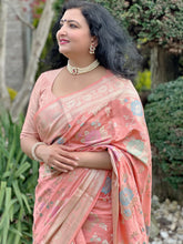 Load image into Gallery viewer, Peach color fancy banaras Saree With Stitched  Blouse
