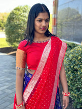 Load image into Gallery viewer, Blue and Red Color combination kuppadam silk lehanga set
