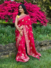 Load image into Gallery viewer, Dark pink chinnon Silk Saree with embroidery work
