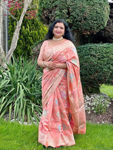 Load image into Gallery viewer, Peach color fancy banaras Saree With Stitched  Blouse

