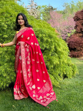 Load image into Gallery viewer, Dark pink chinnon Silk Saree with embroidery work
