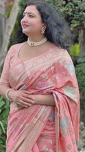 Load and play video in Gallery viewer, Peach color fancy banaras Saree With Stitched  Blouse
