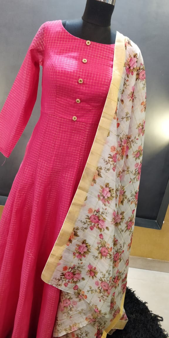 Pink Zari Checks Chenderi Silk Long gown With Floral Dupatta