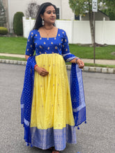 Load image into Gallery viewer, Yellow and blue combination long frock with blue Georgette Dupatta !

