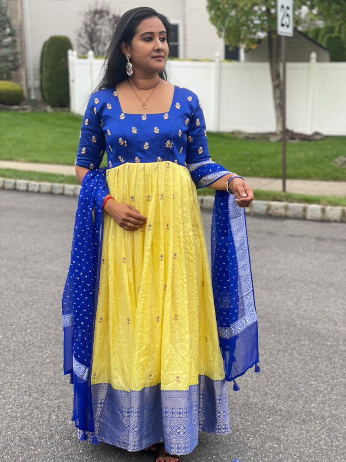 Yellow and blue combination long frock with blue Georgette Dupatta !