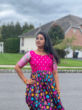 Load image into Gallery viewer, Black and pink Kalamkari print long frock
