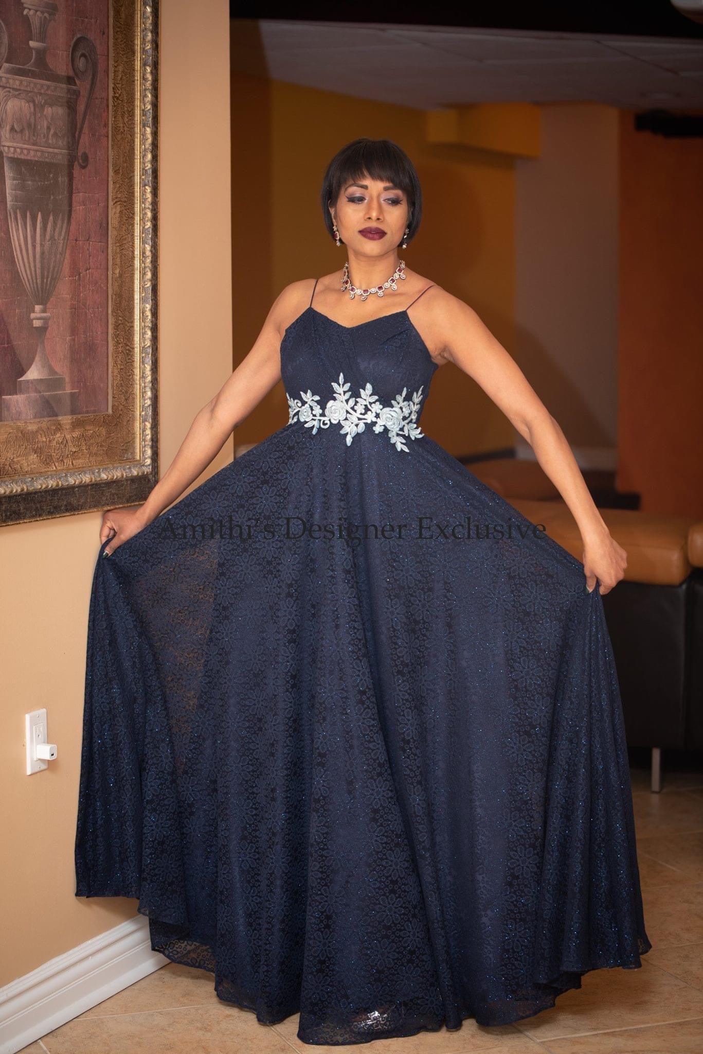 Navy Blue Shimmer Net Maxi Dress – AmithiFashions