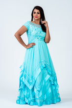 Load image into Gallery viewer, Blue Asymmetrical Soft Net Hand Embroidered Maxi Dress
